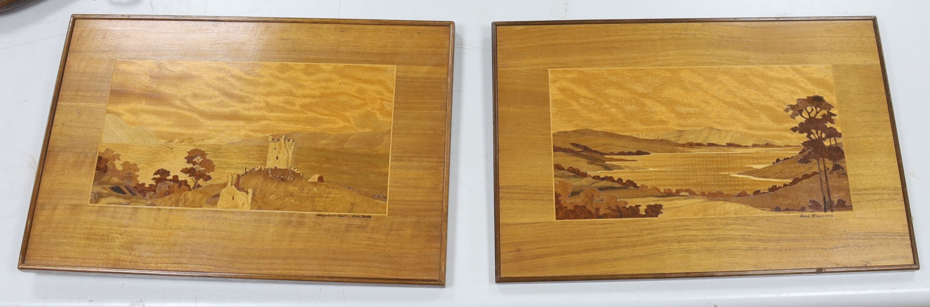 Two Scottish Bemochie marquetry panels, Urquhart Castle, Loch Ness and Loch Rannoch, dated 1949 and 1948 resp., 31 x 47cm